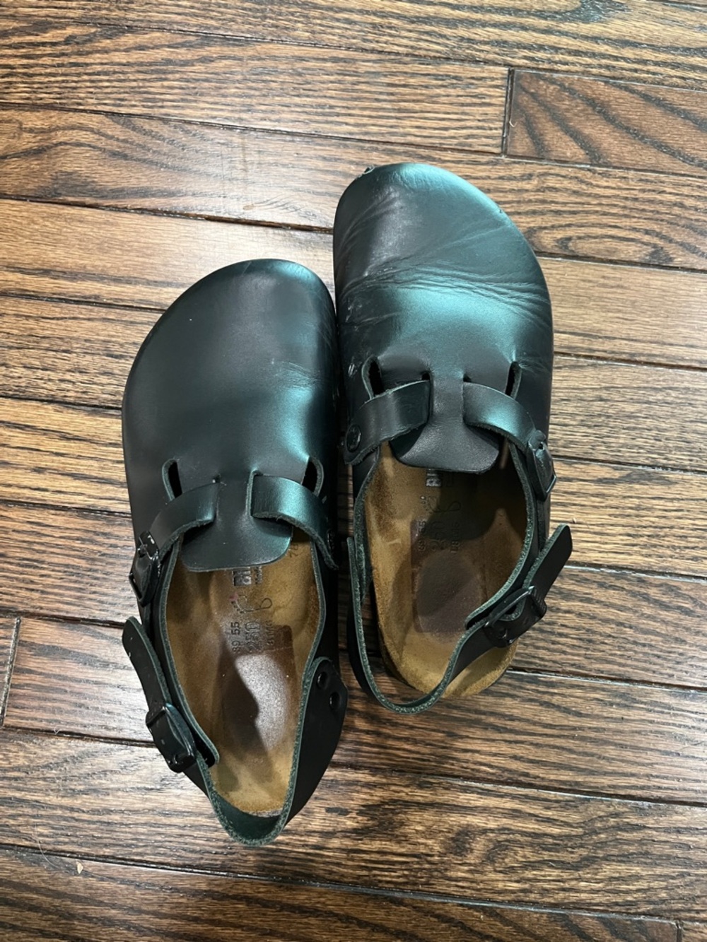 Birkenstock Black Leather Clog Sandals with Gray Outsoles